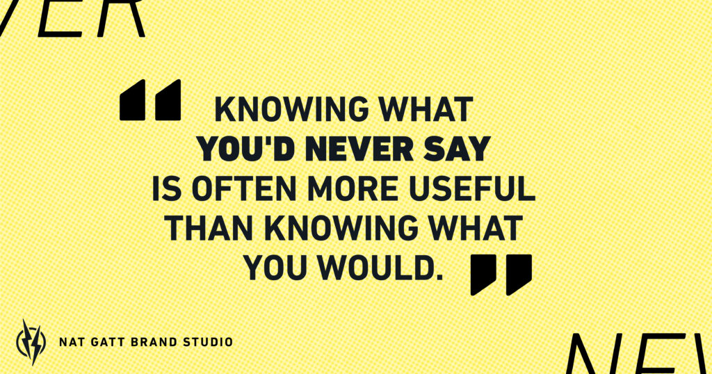 Quote card reading "Knowing what you'd never say is often more useful than knowing what you would." – Nat Gatt Brand Studio